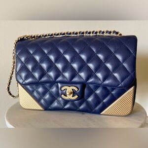 Chanel Quilted Rock the Corner Flap Bag Navy Blue Aged Gold Hardware